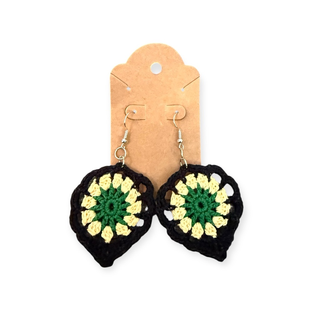 Hand Crafted Crochet Earrings - Black, Green, Yellow